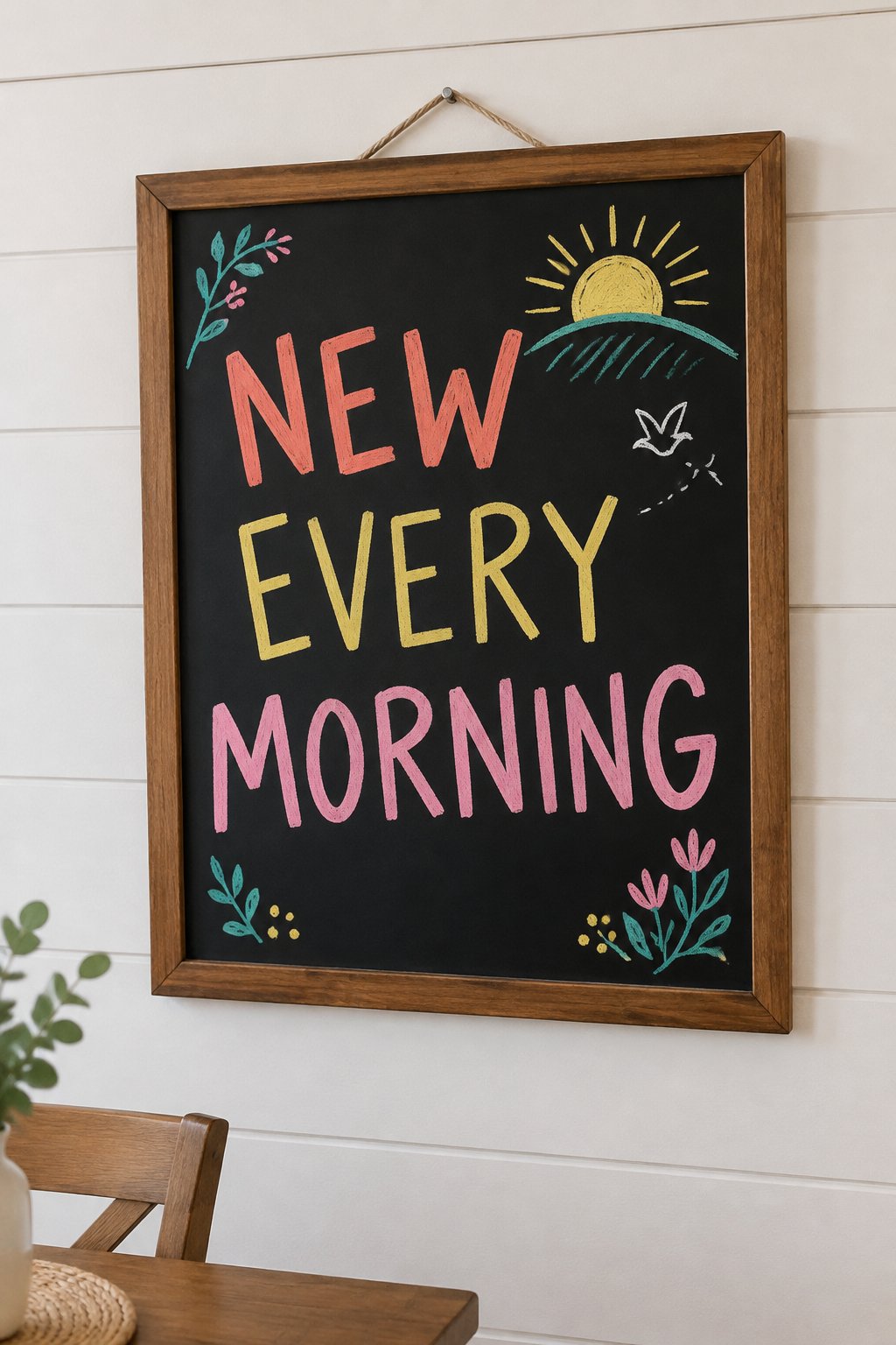 New Every Morning: a hand-drawn spring chalkboard sign reading "NEW EVERY MORNING".