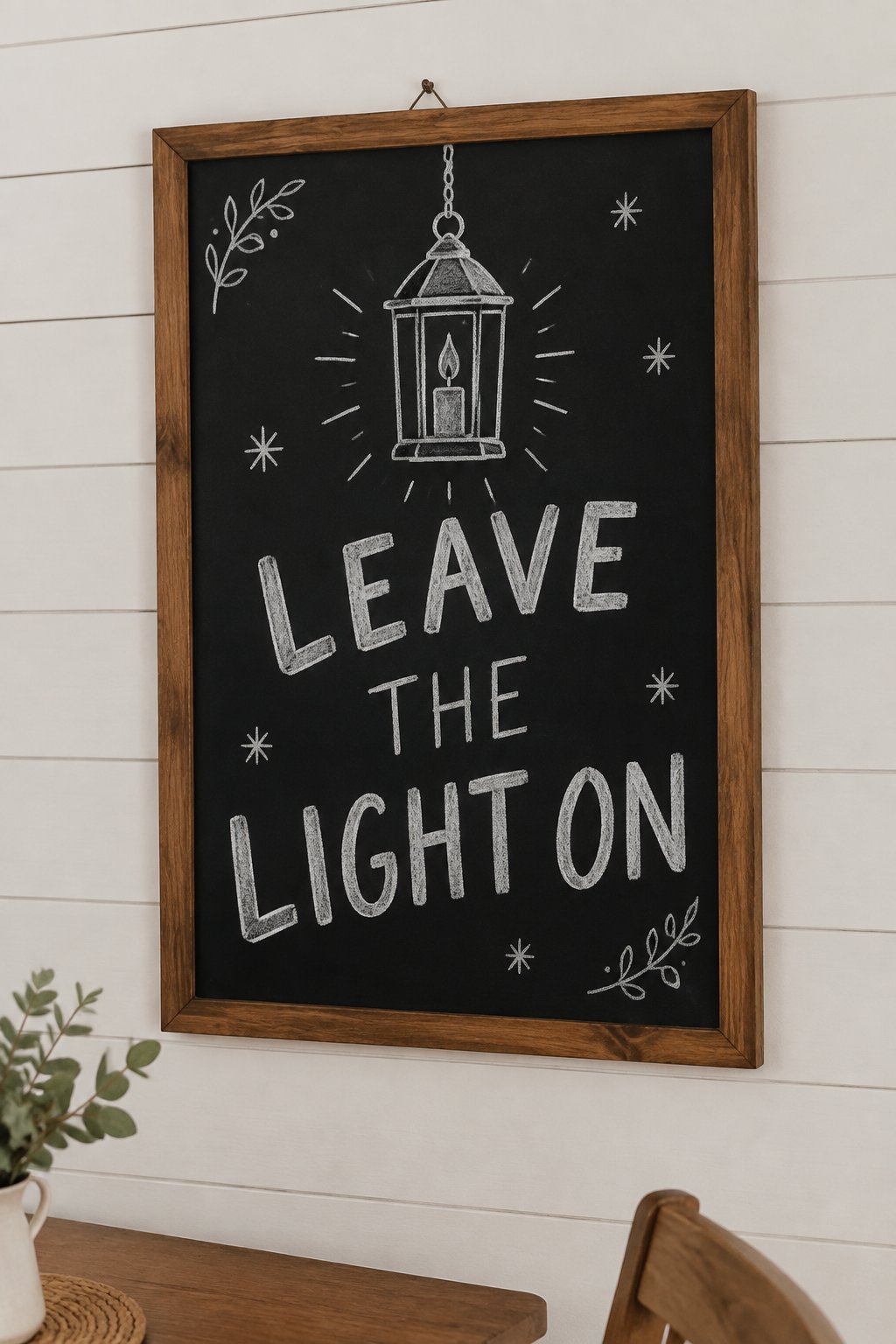 Porch Light: a hand-drawn winter chalkboard sign reading "LEAVE THE LIGHT ON".