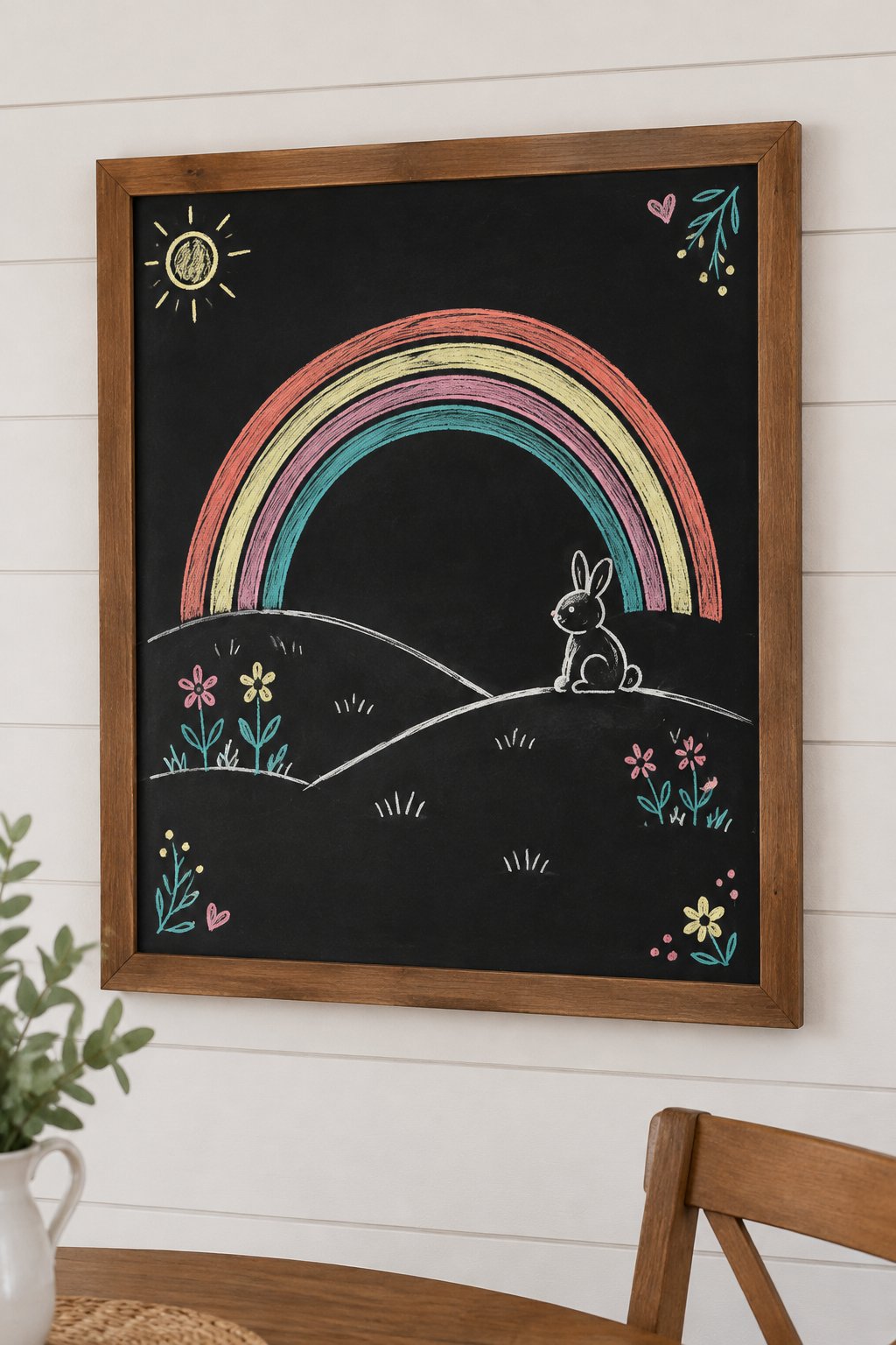 Rainbow Hills: a hand-drawn spring chalkboard sign drawn without words, a rainbow arch over rolling hills with a small bunny sitting on one.
