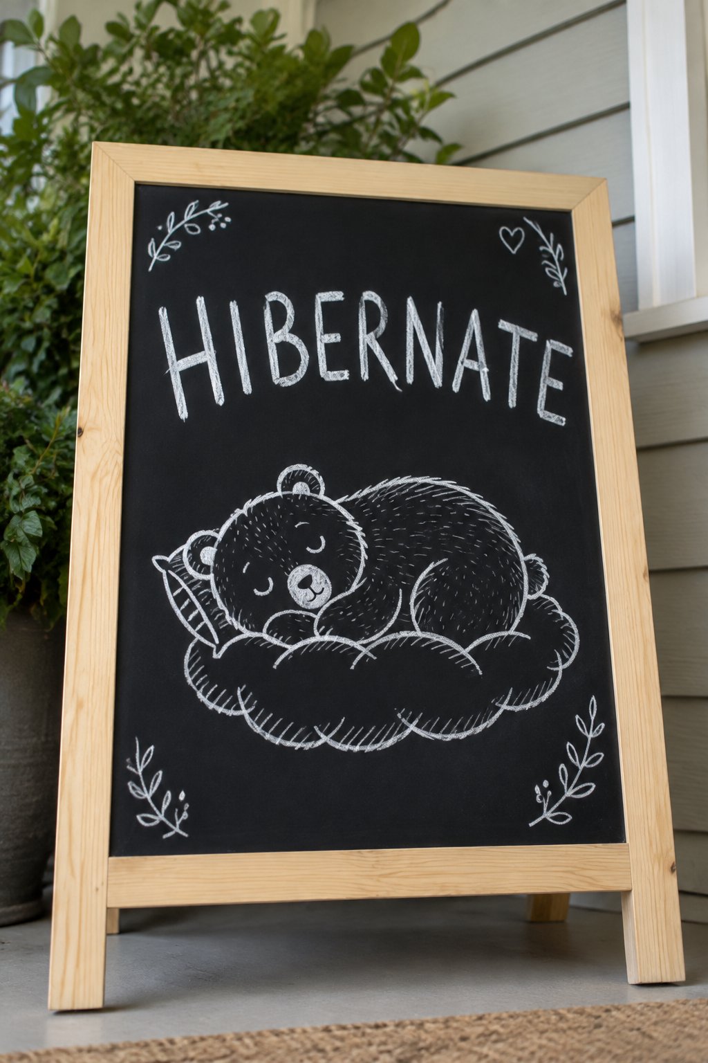Sleepy Bear: a hand-drawn winter chalkboard sign reading "HIBERNATE".