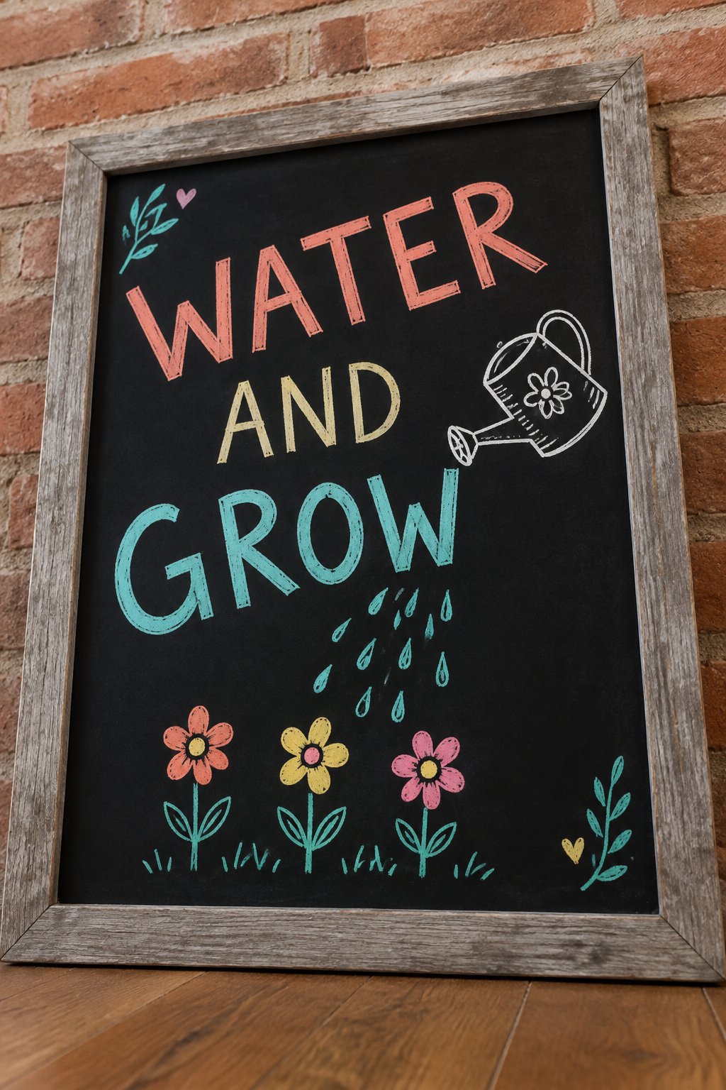 Water and Grow: a hand-drawn spring chalkboard sign reading "WATER AND GROW".