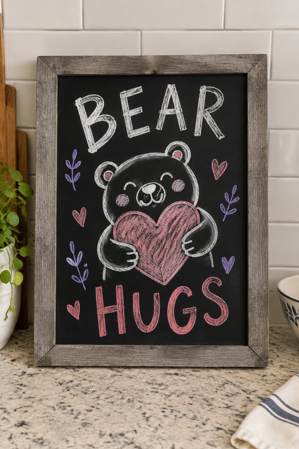 Bear Hugs: a hand-drawn valentines chalkboard sign reading "BEAR HUGS".