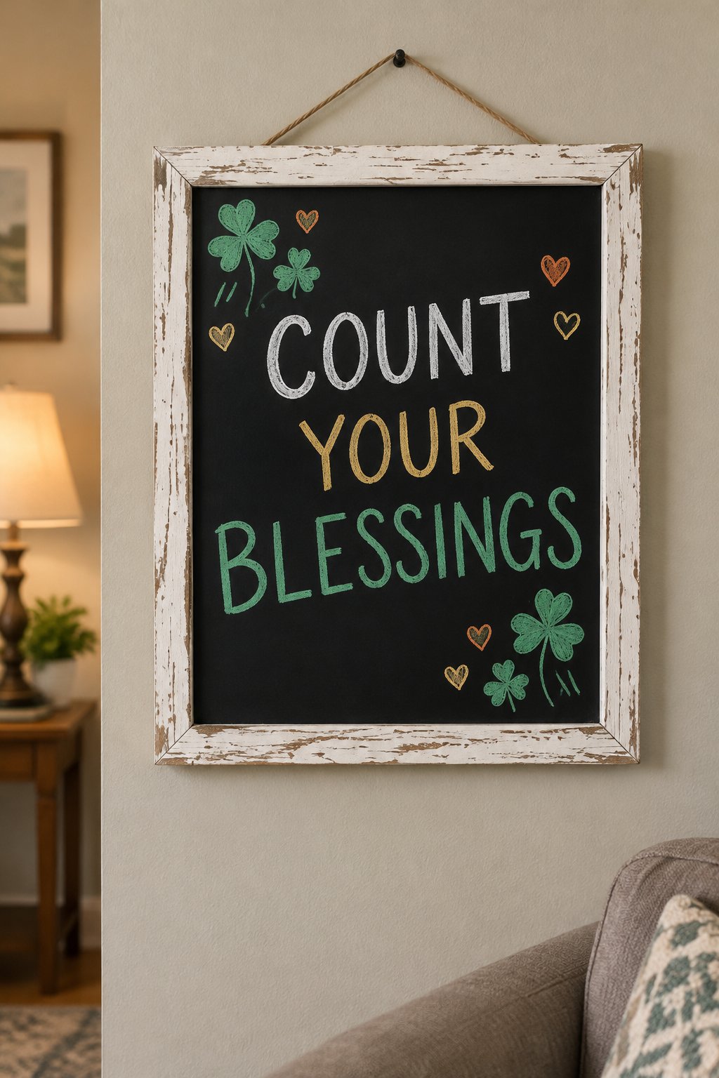 Count Your Blessings: a hand-drawn stpatricks chalkboard sign reading "COUNT YOUR BLESSINGS".