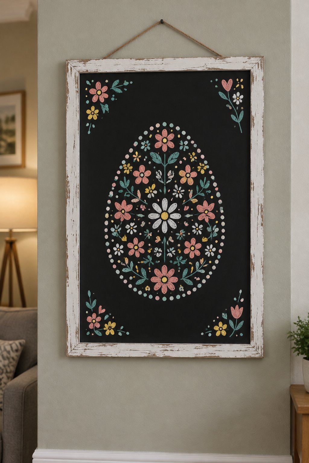 Egg Mandala: a hand-drawn spring chalkboard sign drawn without words, a big egg shaped mandala made of tiny flowers and dots.
