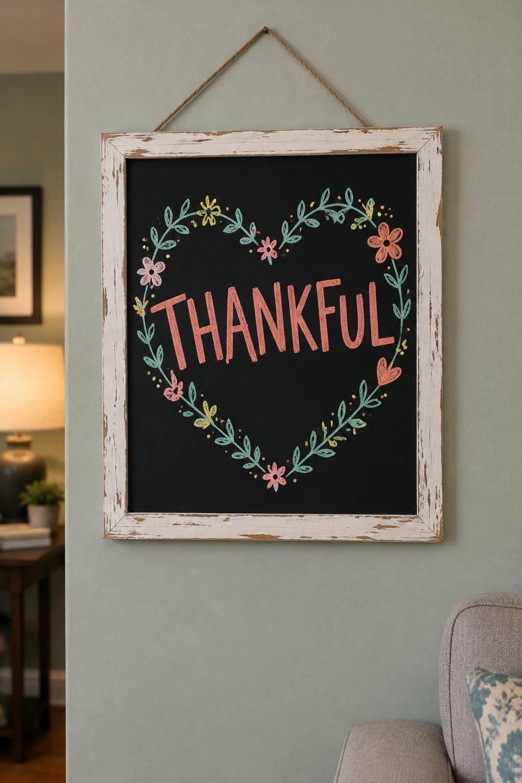Grateful for Spring: a hand-drawn spring chalkboard sign reading "THANKFUL".