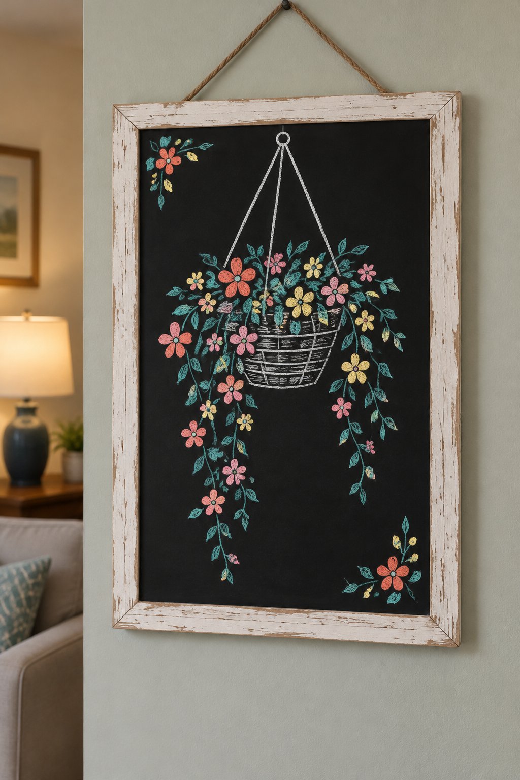 Hanging Basket: a hand-drawn spring chalkboard sign drawn without words, a hanging basket spilling over with trailing flowers.