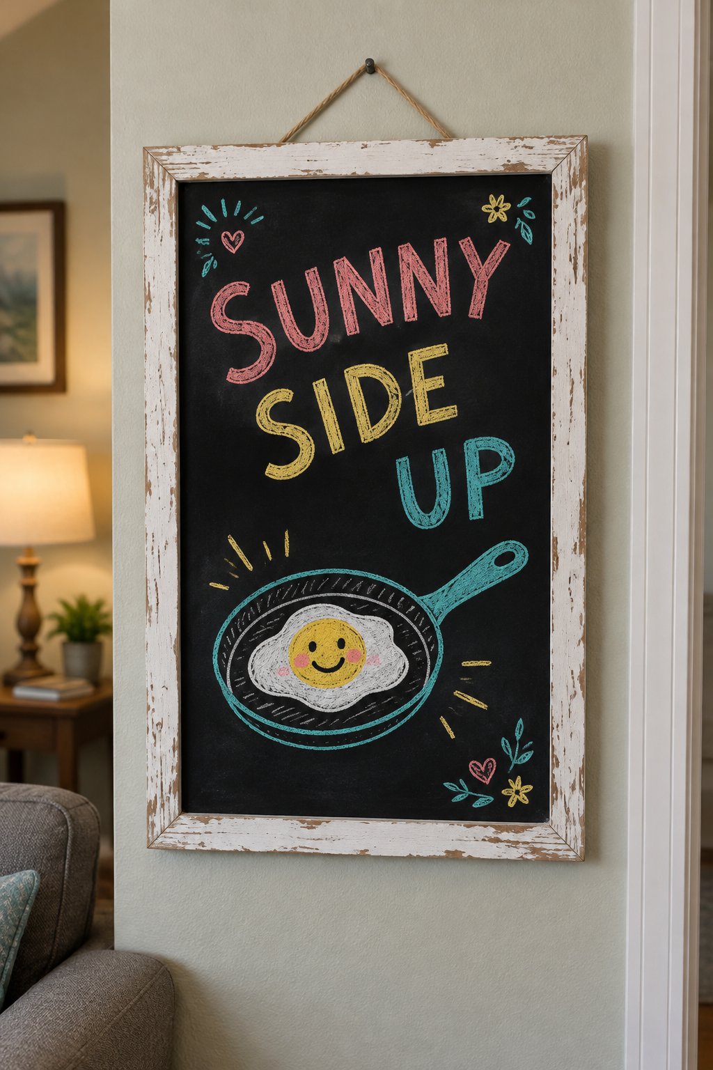 Sunny Side: a hand-drawn spring chalkboard sign reading "SUNNY SIDE UP".