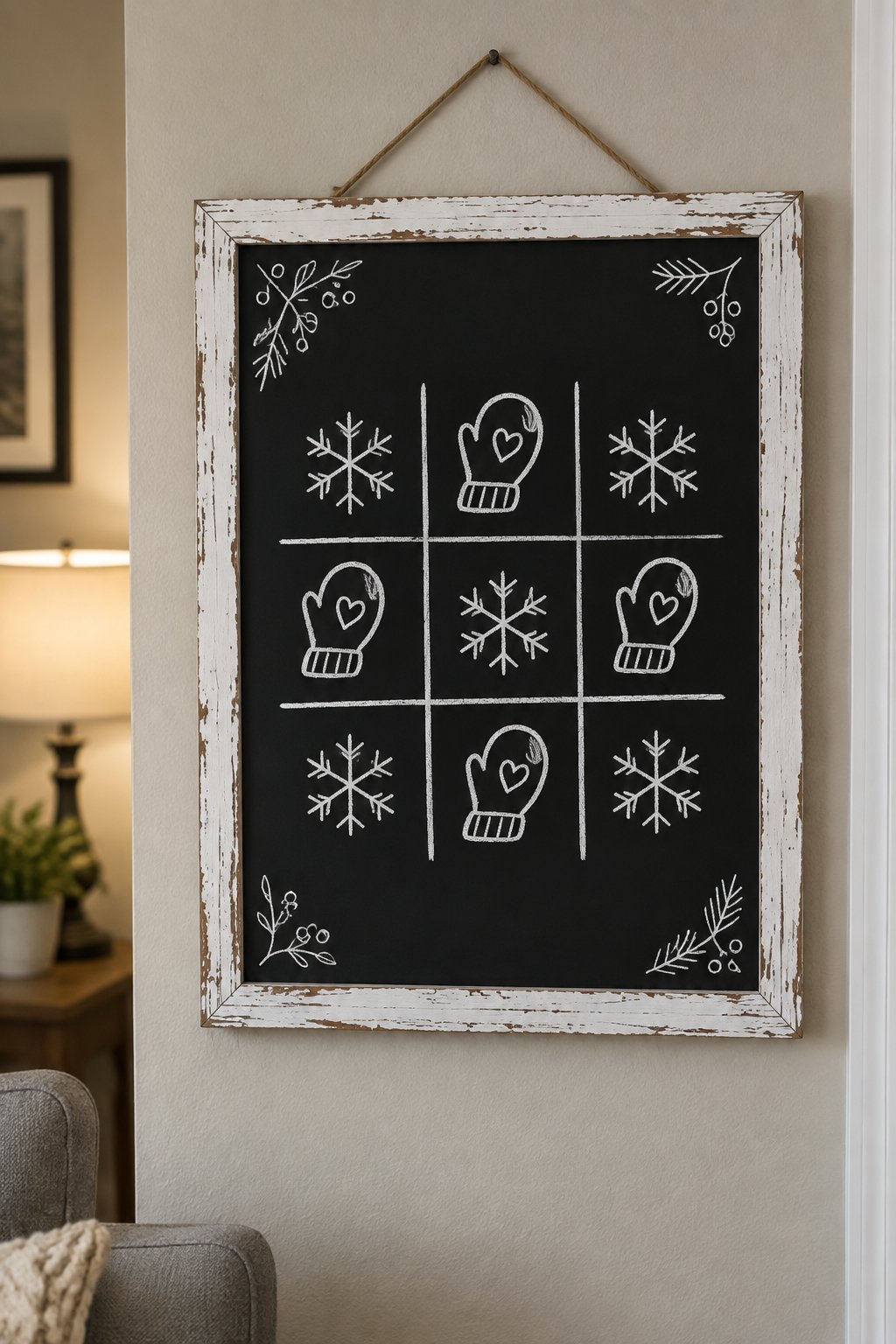 Tic Tac Snow: a hand-drawn winter chalkboard sign drawn without words, a tic-tac-toe grid with snowflake and mitten game pieces.