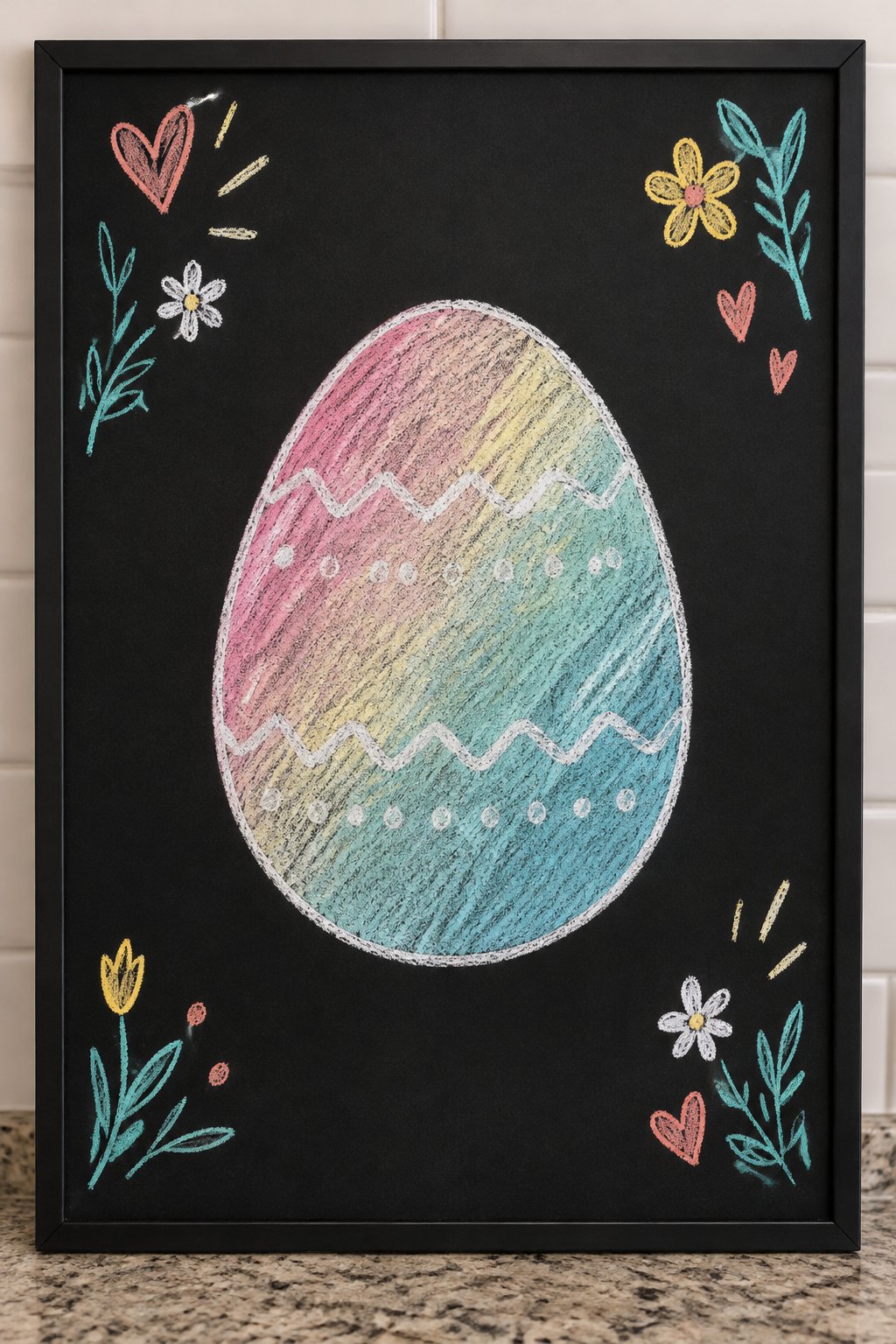 Blended Egg: a hand-drawn spring chalkboard sign drawn without words, a big egg shaded from soft pink to soft blue with smooth blending.