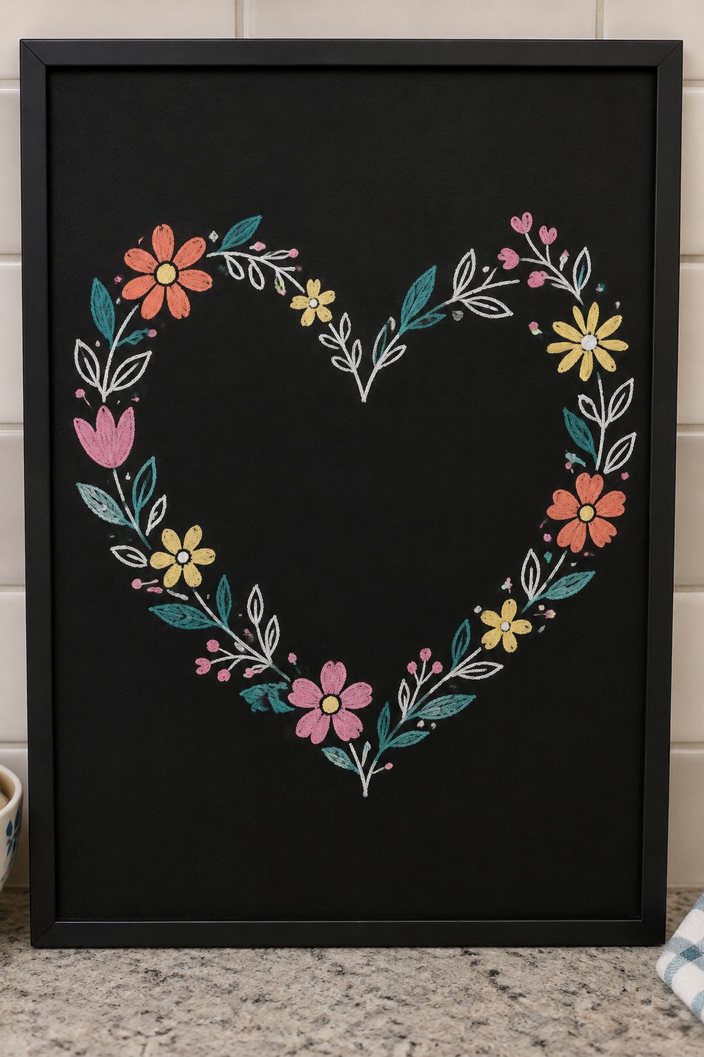 Floral Heart: a hand-drawn spring chalkboard sign drawn without words, a heart shaped garland of flowers and leaves.