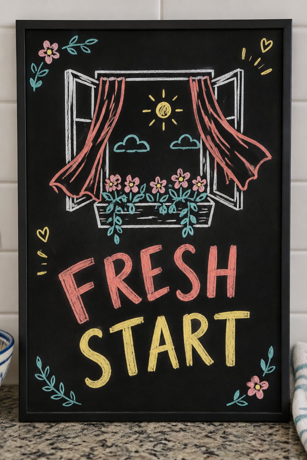 Fresh Start: a hand-drawn spring chalkboard sign reading "FRESH START".