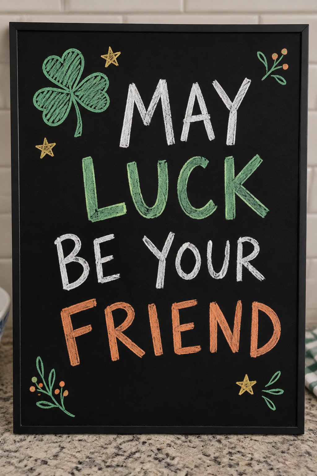 May Luck Be Your Friend: a hand-drawn stpatricks chalkboard sign reading "MAY LUCK BE YOUR FRIEND".