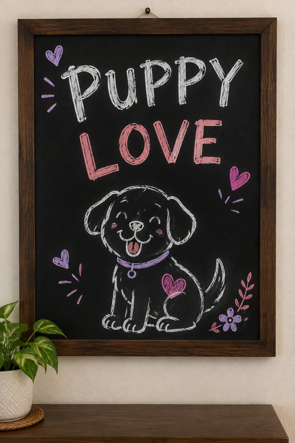Puppy Love: a hand-drawn valentines chalkboard sign reading "PUPPY LOVE".