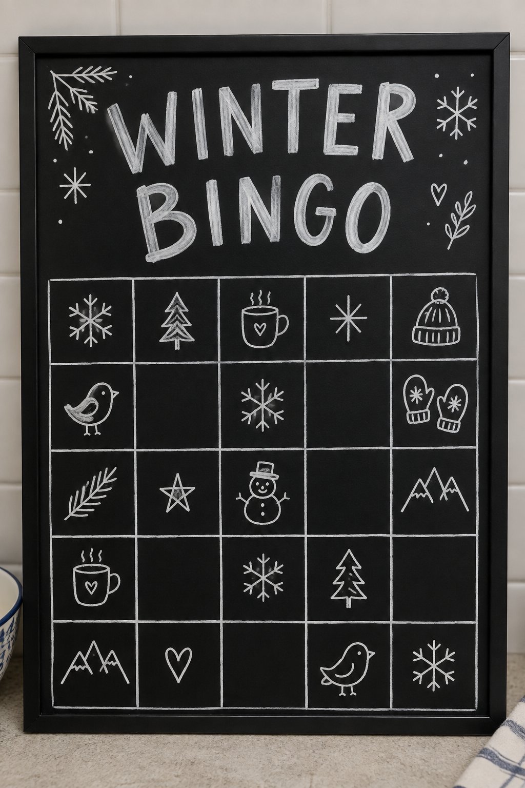 Winter Bingo: a hand-drawn winter chalkboard sign reading "WINTER BINGO".