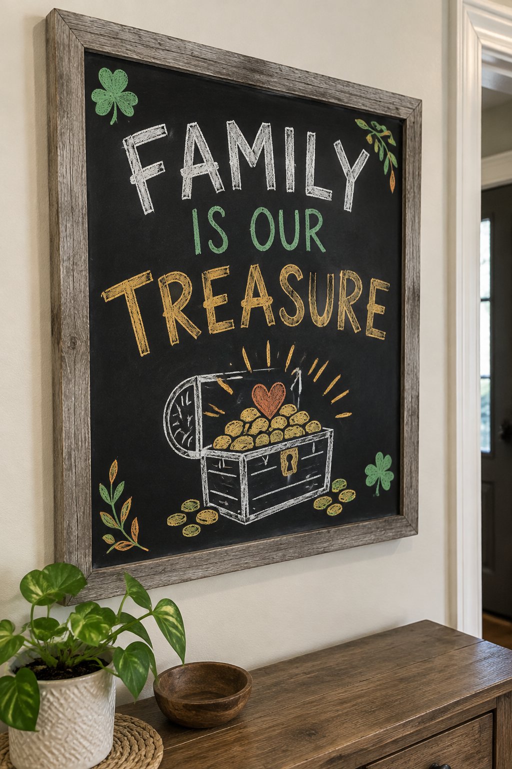 Family Is Our Treasure: a hand-drawn stpatricks chalkboard sign reading "FAMILY IS OUR TREASURE".