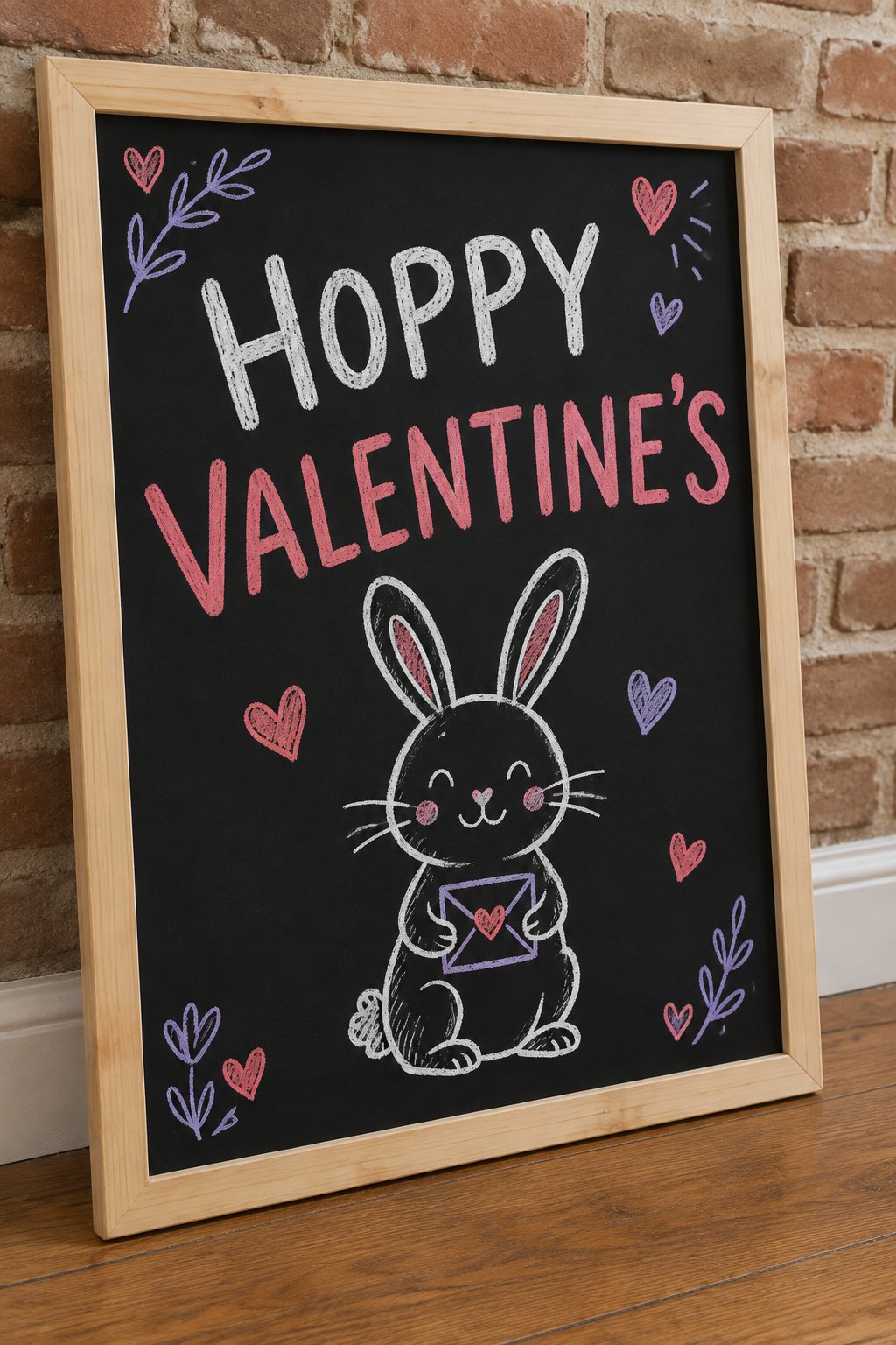 Hoppy Valentine's: a hand-drawn valentines chalkboard sign reading "HOPPY VALENTINE'S".