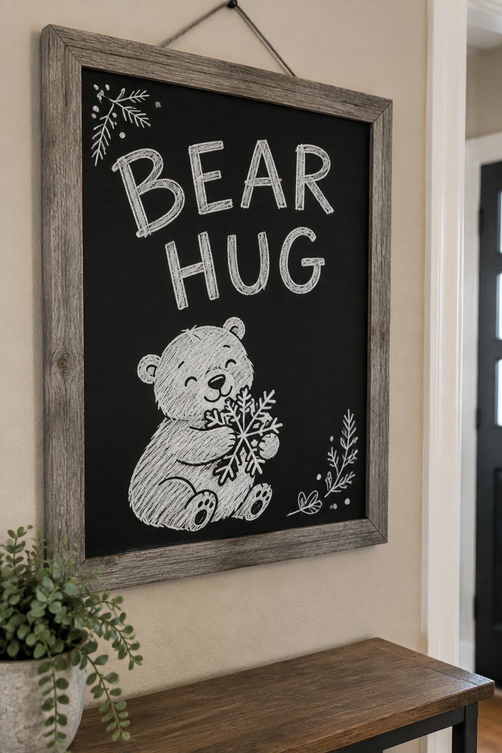 Polar Bear Hug: a hand-drawn winter chalkboard sign reading "BEAR HUG".