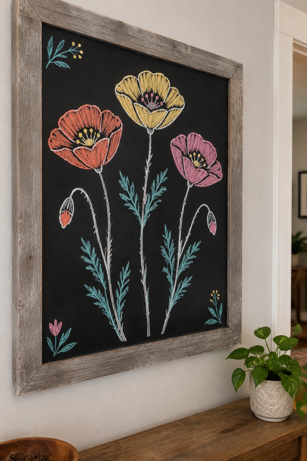 Poppy Trio: a hand-drawn spring chalkboard sign drawn without words, three tall poppies with feathery stems and leaves.