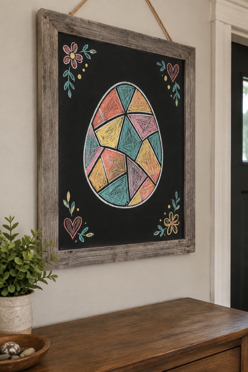 Stained Glass Egg: a hand-drawn spring chalkboard sign drawn without words, a big egg divided into small sections like stained glass.