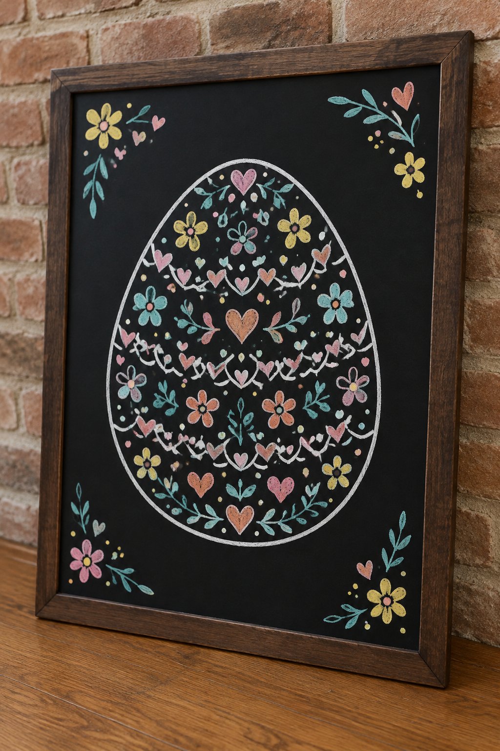 Lace Egg: a hand-drawn spring chalkboard sign drawn without words, a big egg filled with a delicate lace pattern of tiny hearts and flowers.