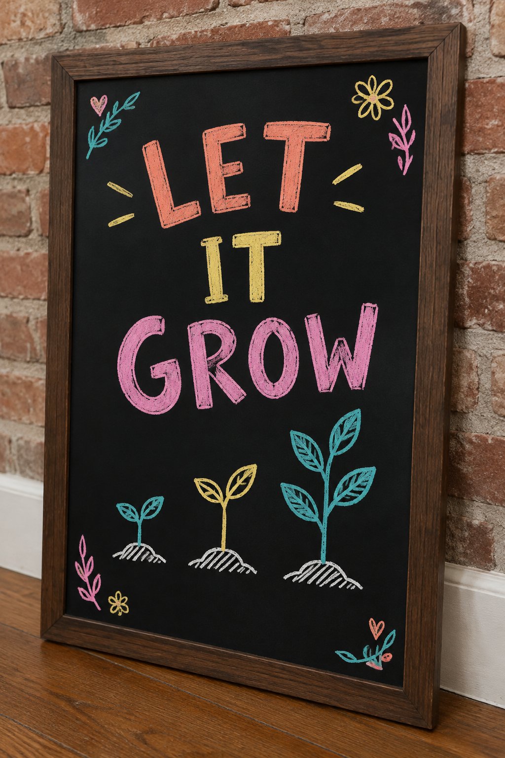 Let It Grow: a hand-drawn spring chalkboard sign reading "LET IT GROW".