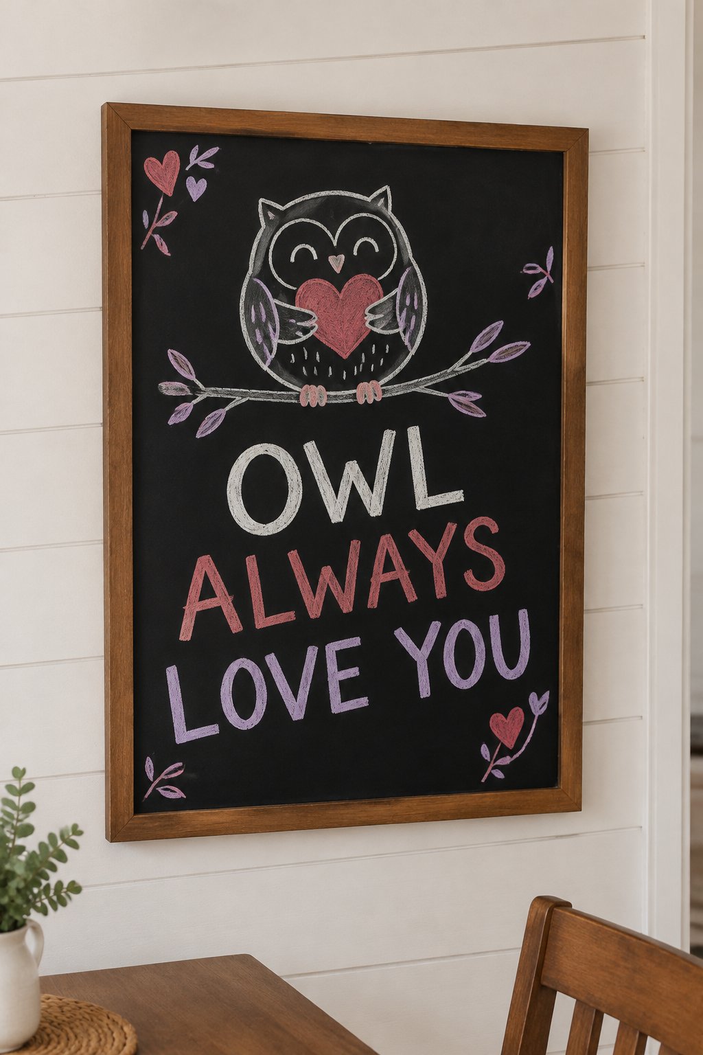 Owl Always Love You: a hand-drawn valentines chalkboard sign reading "OWL ALWAYS LOVE YOU".
