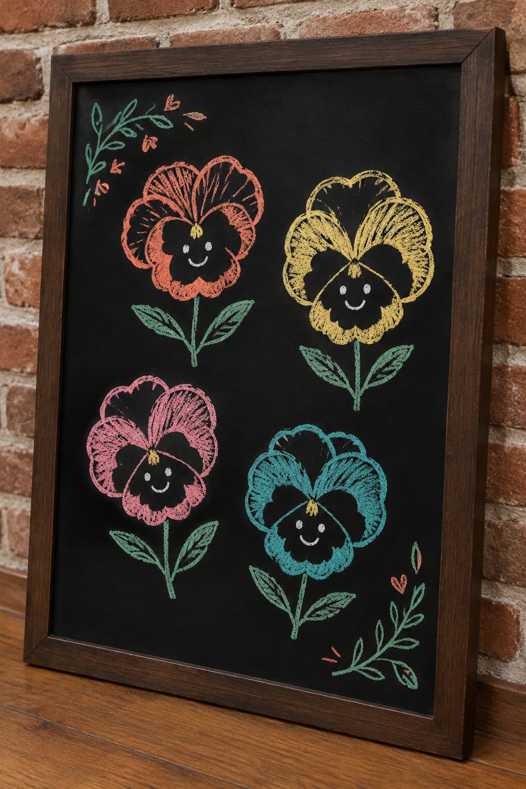 Pansy Faces: a hand-drawn spring chalkboard sign drawn without words, four pansies each with a little smiling face.