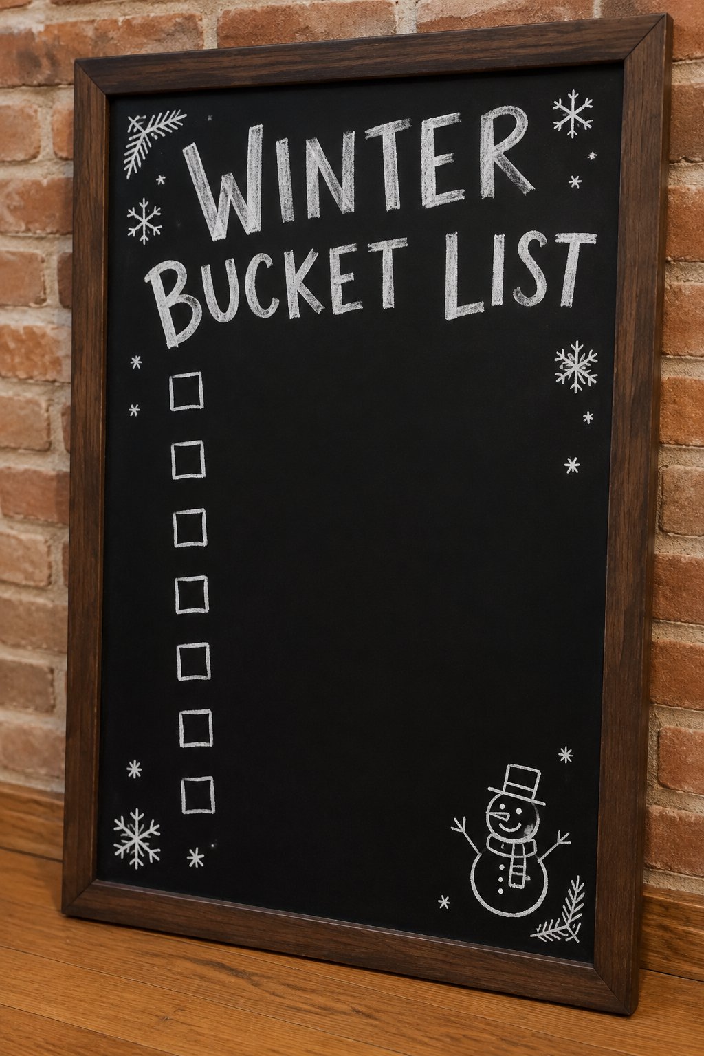 Winter Bucket List: a hand-drawn winter chalkboard sign reading "WINTER BUCKET LIST".