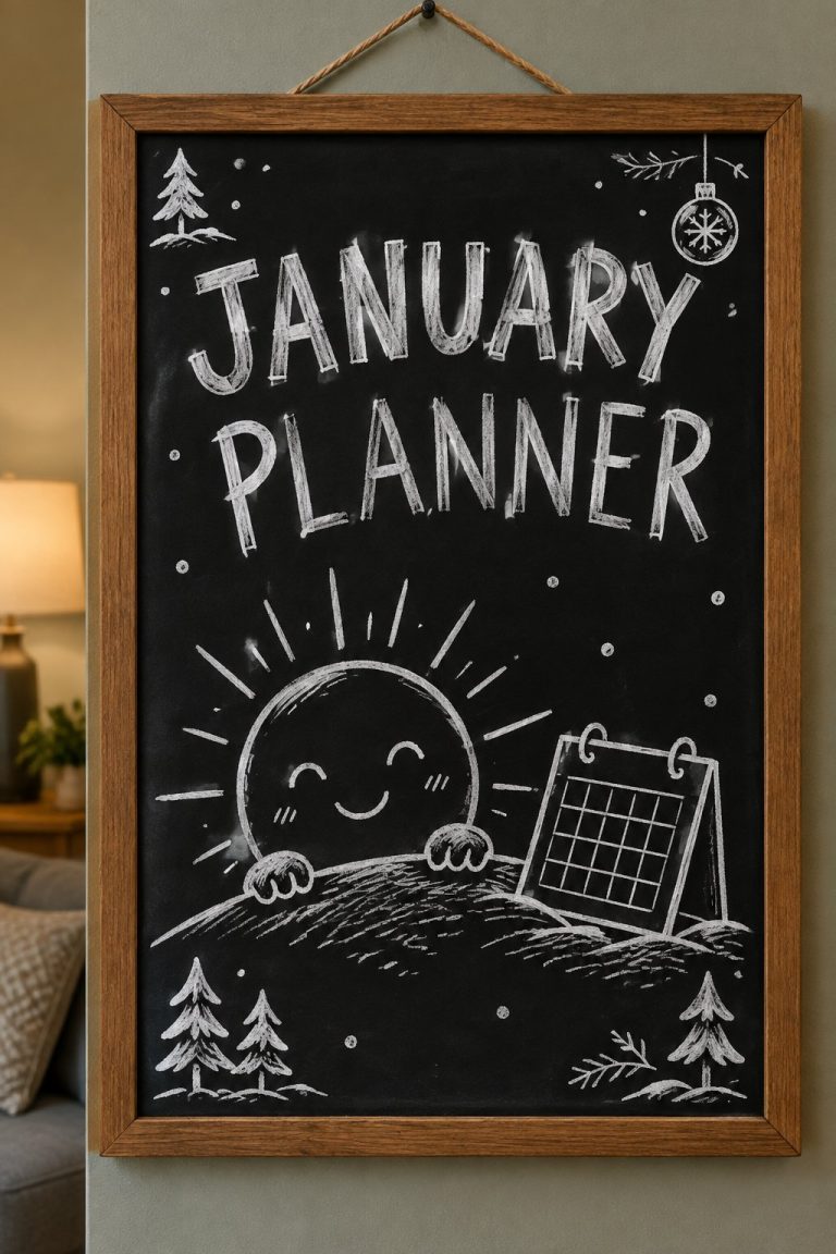A hand-drawn winter chalkboard sign reading "JANUARY PLANNER".