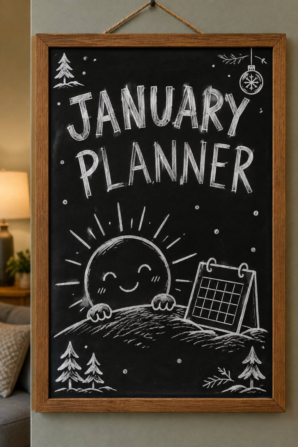 A hand-drawn winter chalkboard sign reading "JANUARY PLANNER".