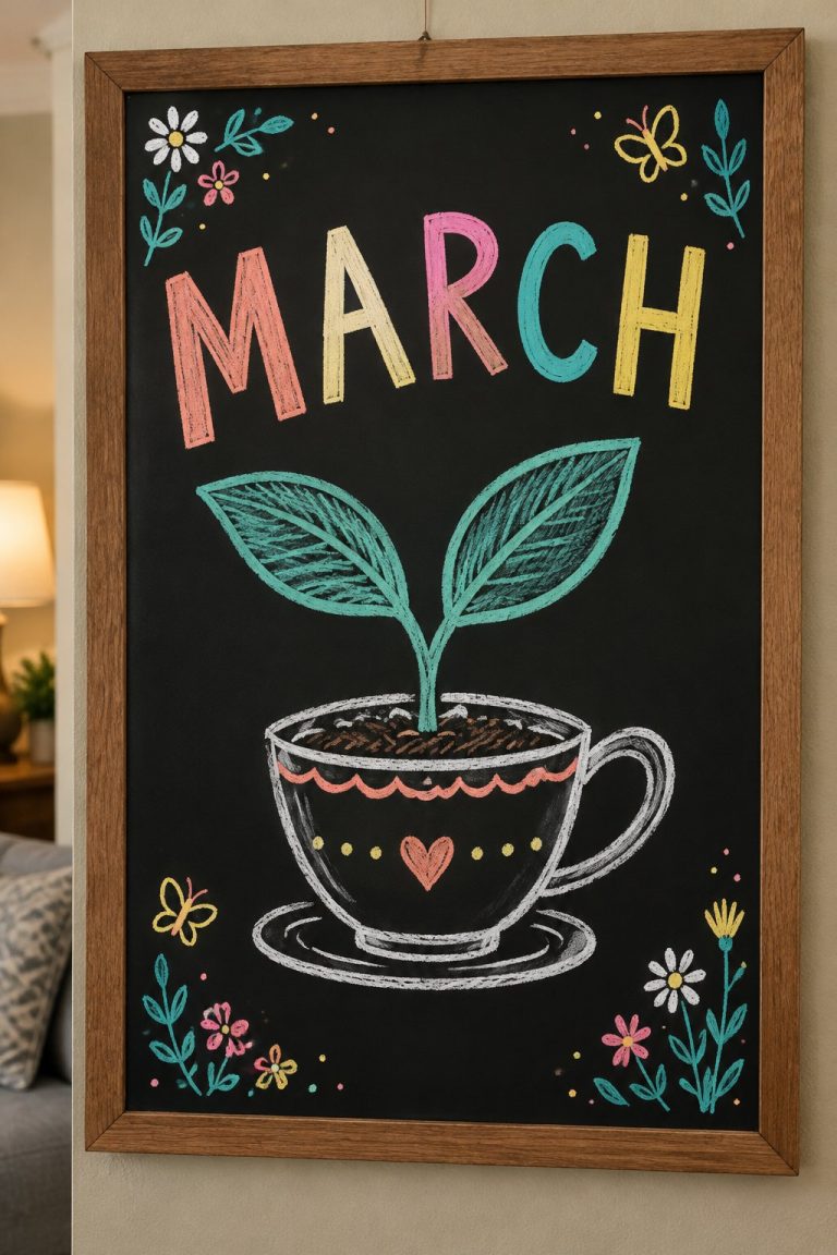 A hand-drawn spring chalkboard sign reading "MARCH".