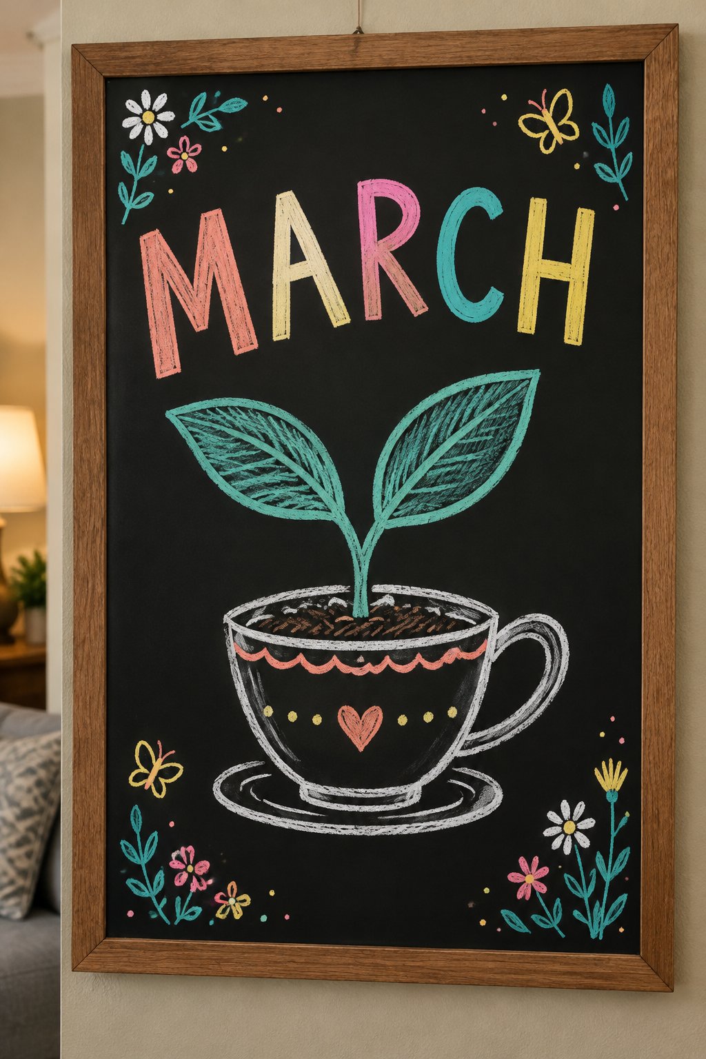 A hand-drawn spring chalkboard sign reading "MARCH".