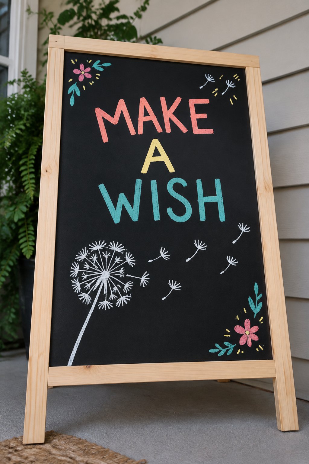 Dandelion Wish: a hand-drawn spring chalkboard sign reading "MAKE A WISH".