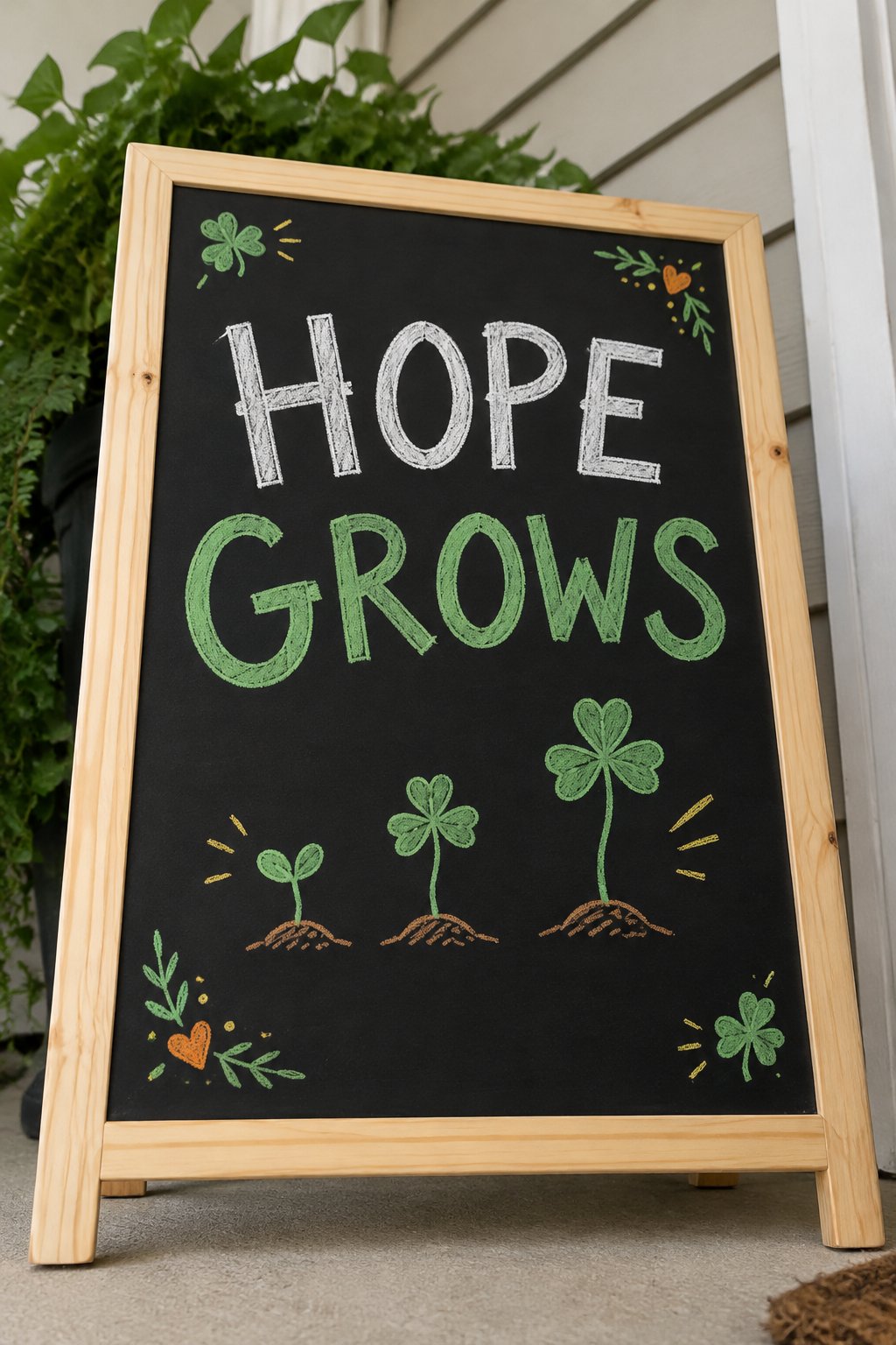 Hope Grows: a hand-drawn stpatricks chalkboard sign reading "HOPE GROWS".