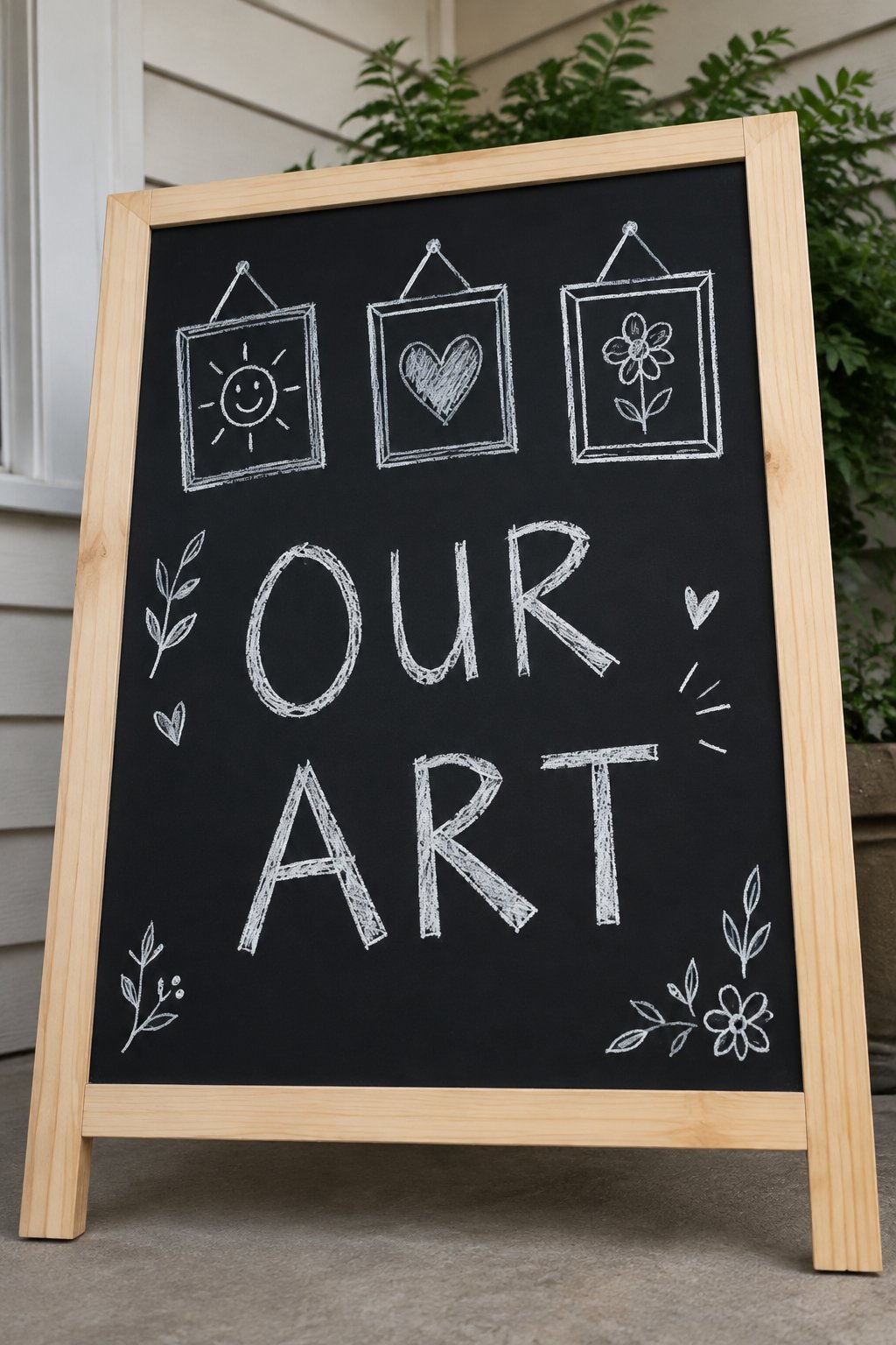 Kids Art Gallery: a hand-drawn winter chalkboard sign reading "OUR ART".
