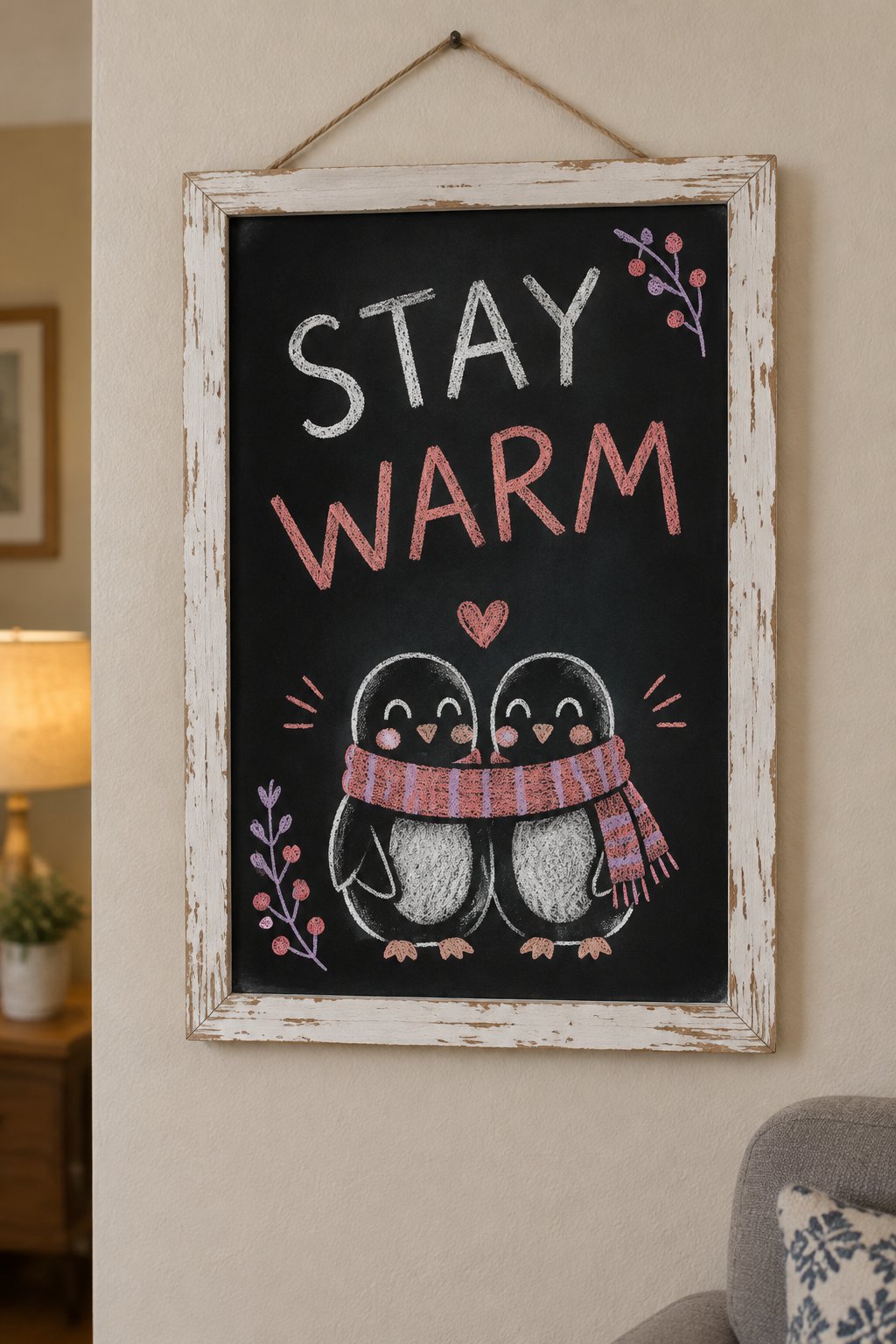 Penguin Scarf: a hand-drawn valentines chalkboard sign reading "STAY WARM".