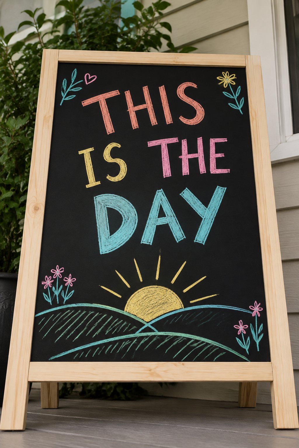 This Is the Day: a hand-drawn spring chalkboard sign reading "THIS IS THE DAY".