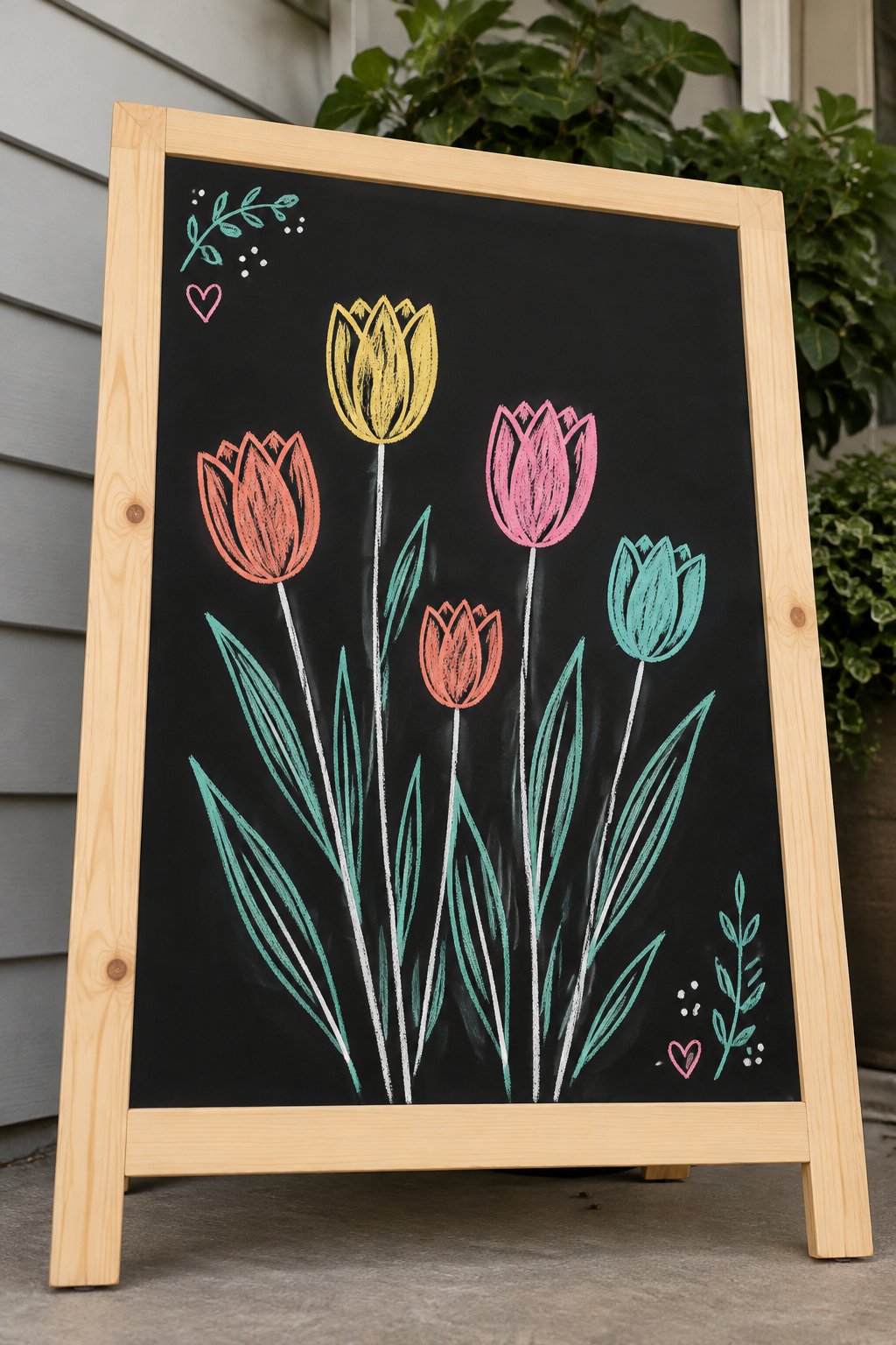 Tulip Fan: a hand-drawn spring chalkboard sign drawn without words, a fan of five tulips of different heights with long leaves.