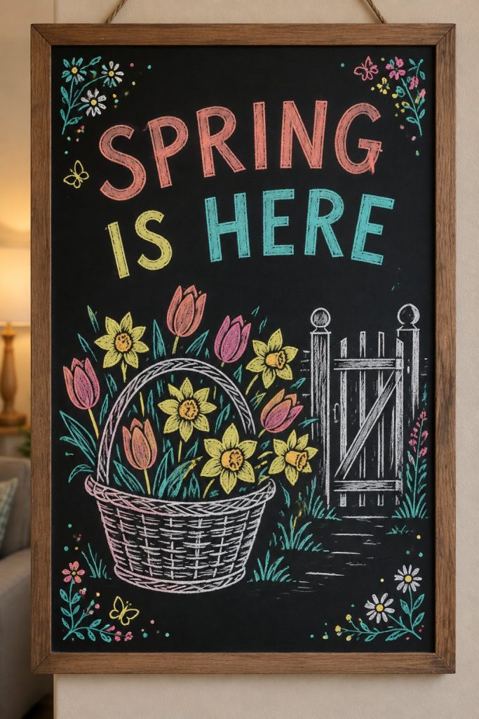A hand-drawn spring chalkboard sign reading "SPRING IS HERE".