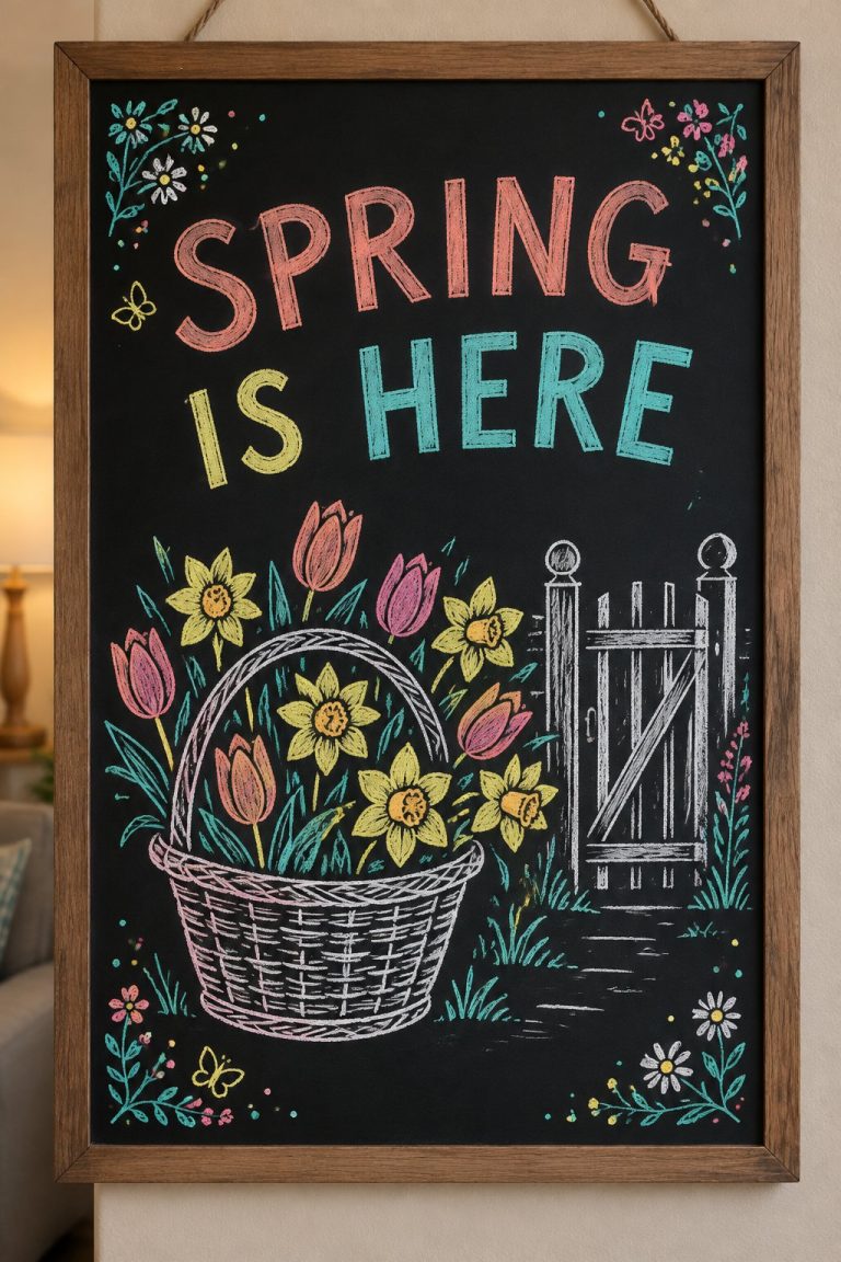 A hand-drawn spring chalkboard sign reading "SPRING IS HERE".