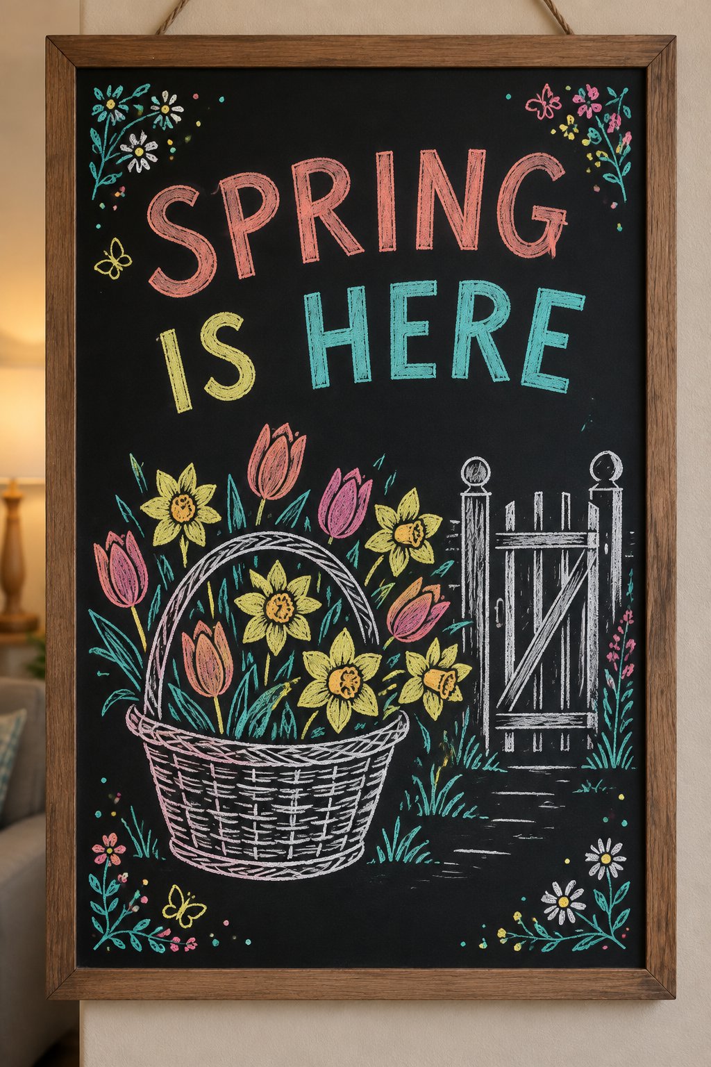 A hand-drawn spring chalkboard sign reading "SPRING IS HERE".