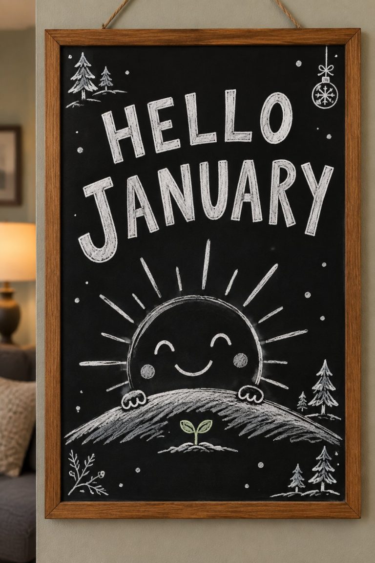 A hand-drawn winter chalkboard sign reading "HELLO JANUARY".