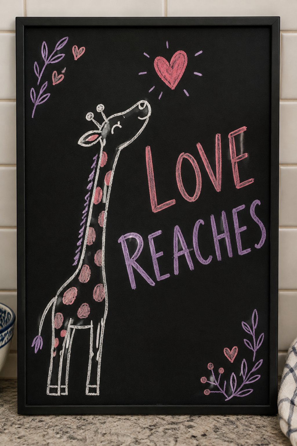Giraffe Reach: a hand-drawn valentines chalkboard sign reading "LOVE REACHES".