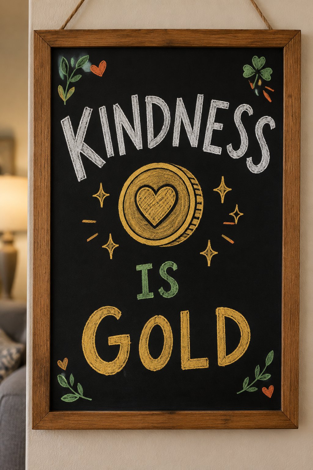 Kindness Is Gold: a hand-drawn stpatricks chalkboard sign reading "KINDNESS IS GOLD".