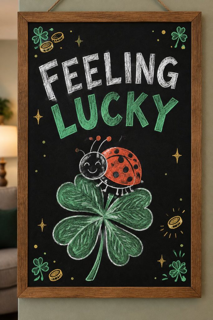 A hand-drawn stpatricks chalkboard sign reading "FEELING LUCKY".