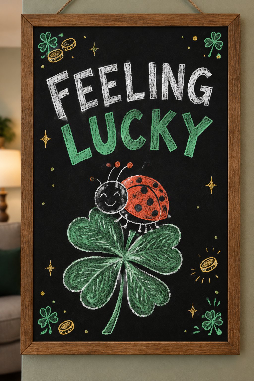 A hand-drawn stpatricks chalkboard sign reading "FEELING LUCKY".