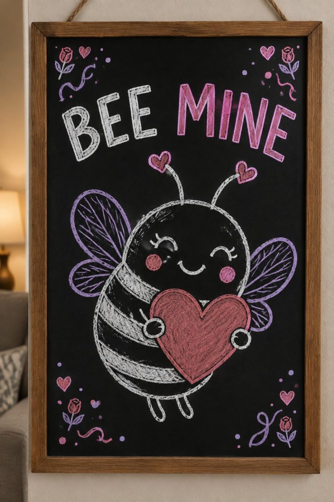 A hand-drawn valentines chalkboard sign reading "BEE MINE".