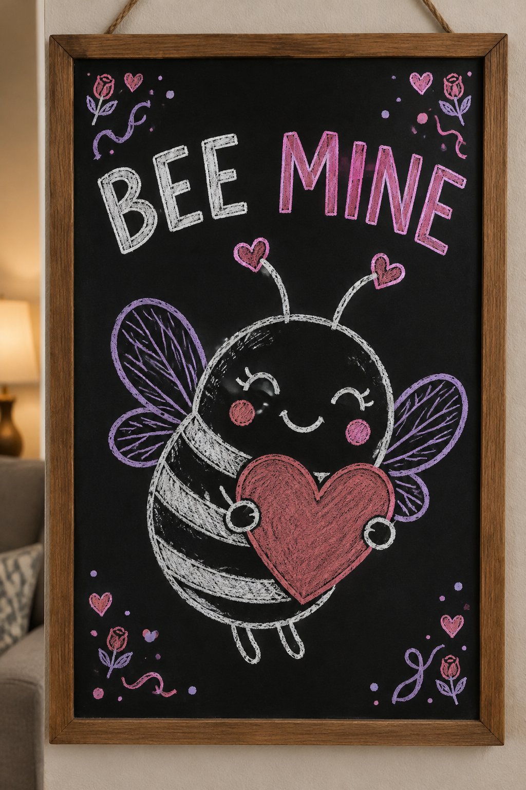 A hand-drawn valentines chalkboard sign reading "BEE MINE".