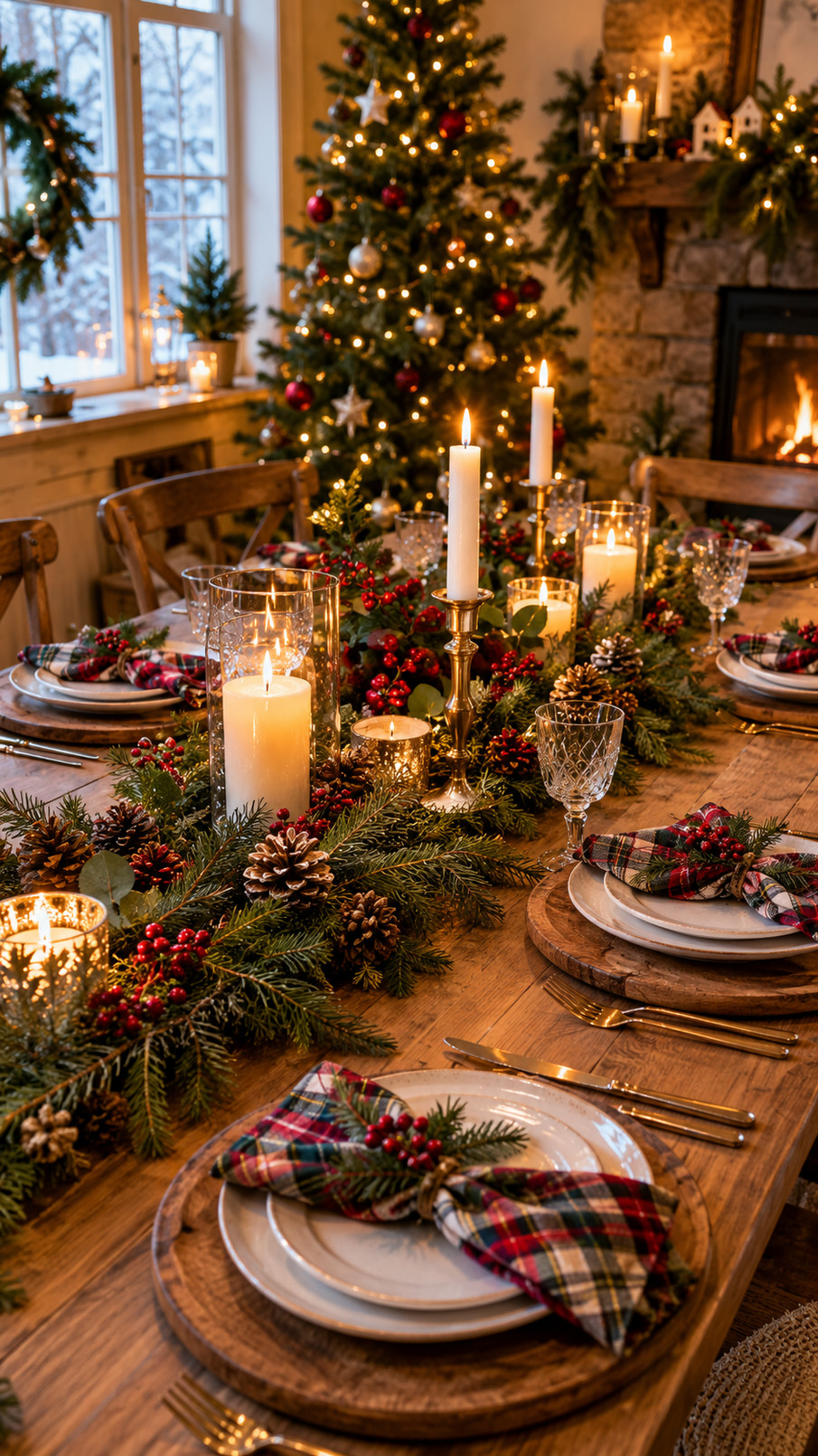 Antique brass flatware arranged beside evergreen branches, red berries, and candles on a rustic Christmas dining table.