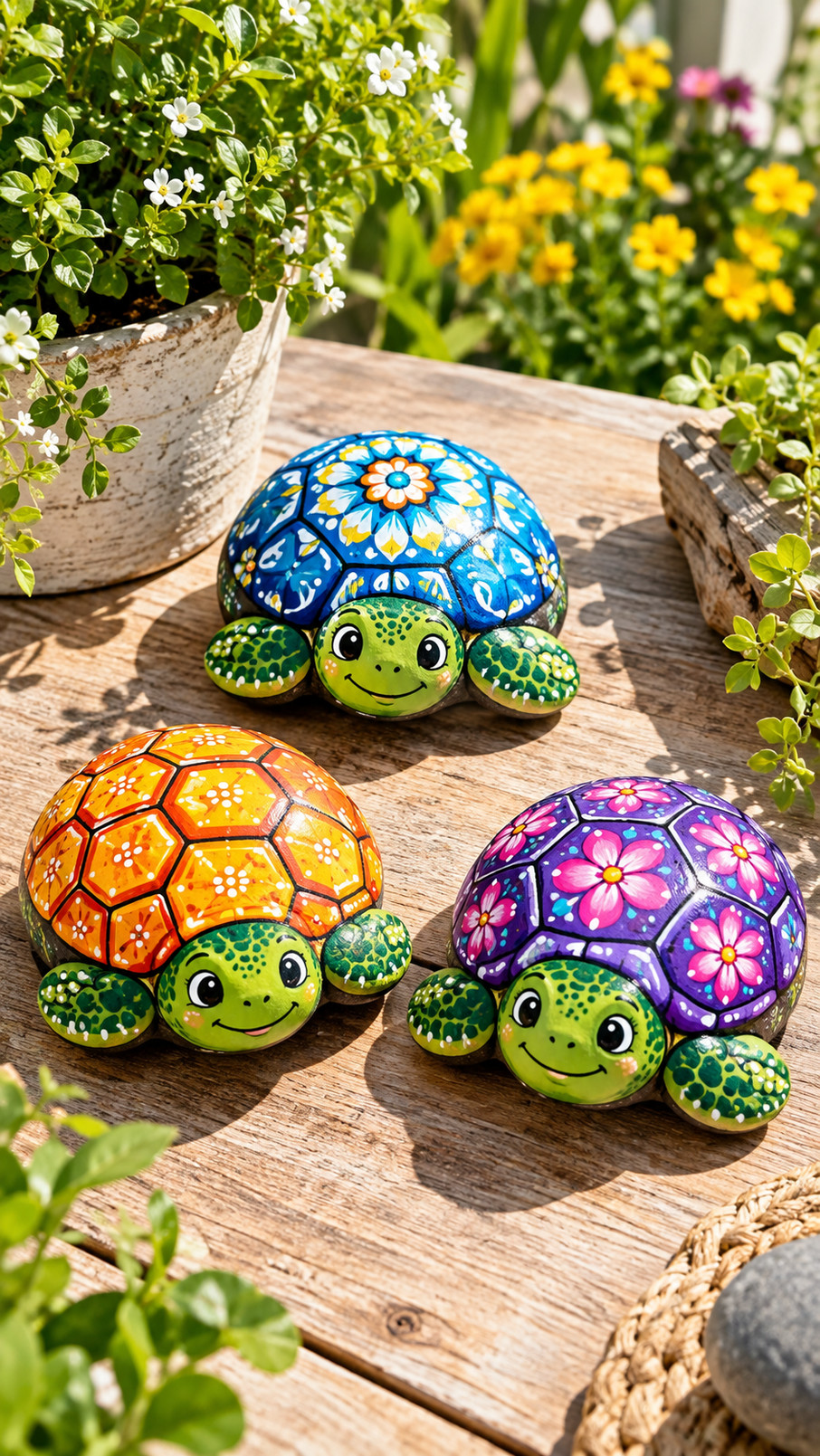 A hand-painted turtle rock with a green turtle, colorful autumn leaves, and a warm russet, amber, and golden shell design.